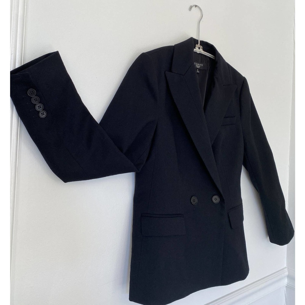 Talbots Blazer Jacket Women 2 Petite Black Wool Double Breasted Gold Button VTG